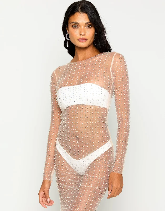 evening dress color trends 2023-Champagne Nights Pearl Mesh Dress - Nude