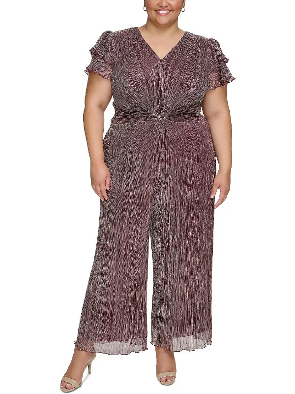 evening dress neckline styles guide-Plus Womens Metallic Twist Waist Evening Dress