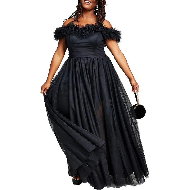evening gowns with side pleats-City Studio Womens Plus Off-The-Shoulder Ruffled Evening Dress evening gowns with side pleats-City Studio Womens Plus Off-The-Shoulder Ruffled Evening Dress