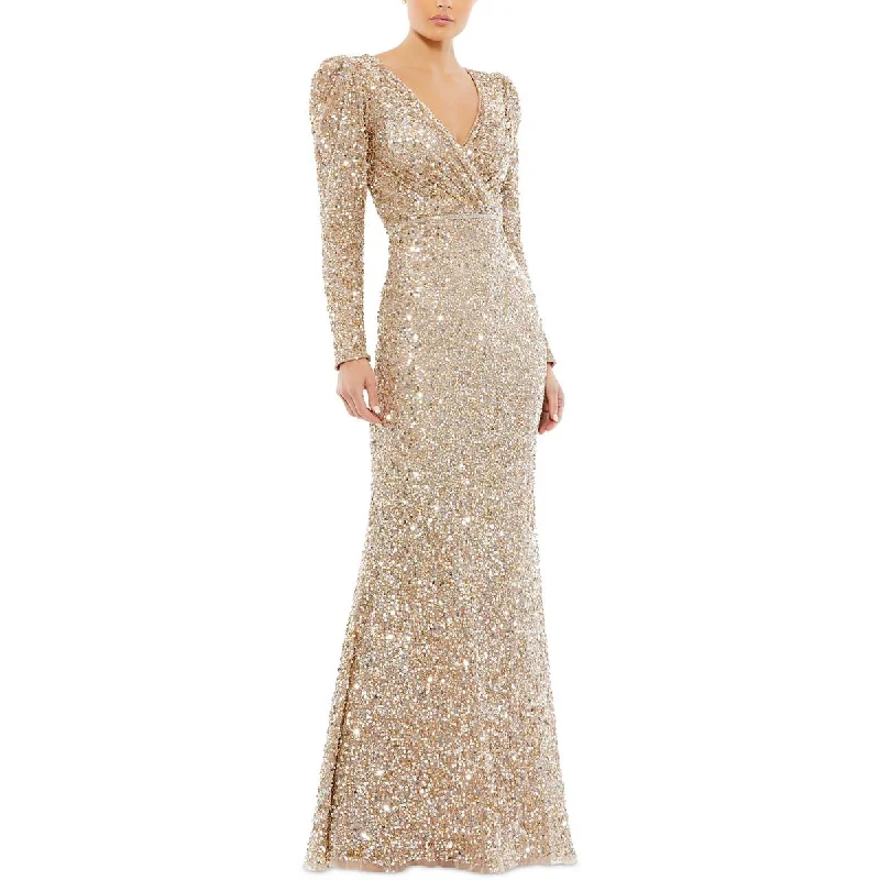 evening gowns with side draping-Mac Duggal Womens Sequined Long Evening Dress