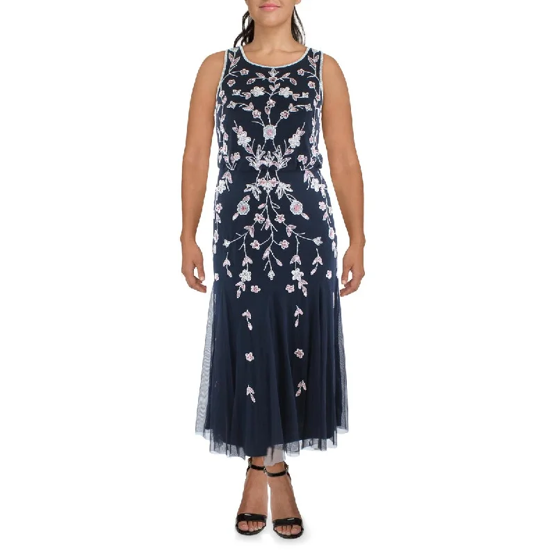 off-the-shoulder evening dresses-Adrianna Papell Womens Beaded Sleeveless Evening Dress