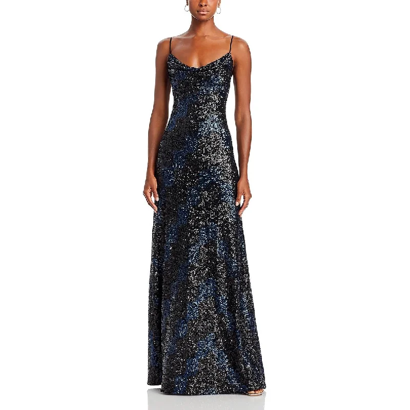 evening gowns with side gathers-Halston Womens Long Sequined Evening Dress