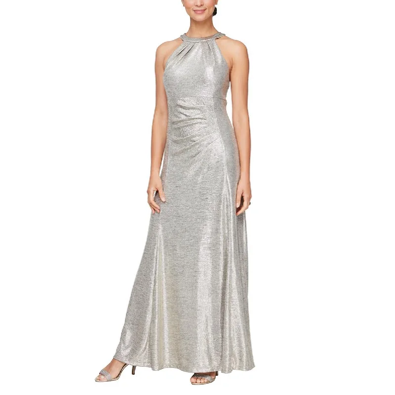 high-low hem evening gowns-Alex Evenings Womens Plus Metallic Halter Evening Dress