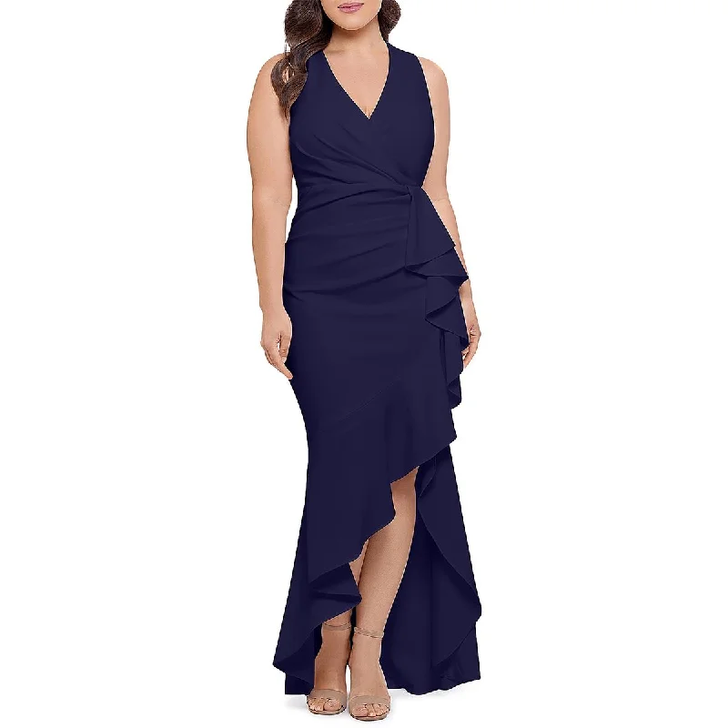 evening gowns with side embroidery-Aqua Womens Ruffled Long Evening Dress