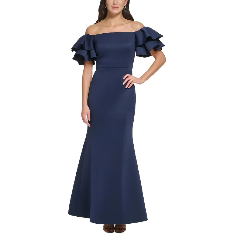 evening dresses with draped sleeves-Eliza J Womens Ruffled  Evening Dress