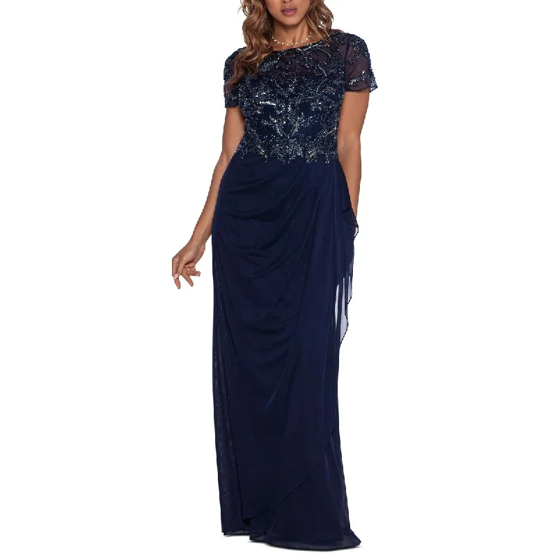 handkerchief hem evening dresses-Xscape Womens Embellished Maxi Evening Dress