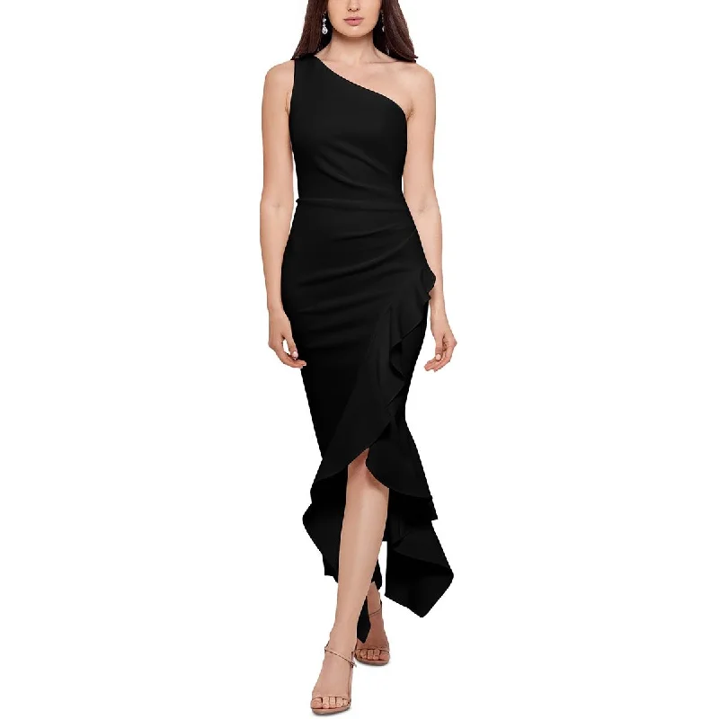 high-neck evening gowns for modesty-Xscape Womens Ruffled Long Evening Dress