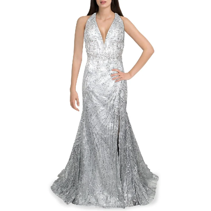mesh panel evening dresses-Mac Duggal Womens Sequined Maxi Evening Dress