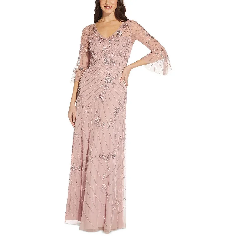 evening gowns with side lace-Adrianna Papell Womens Beaded Maxi Evening Dress