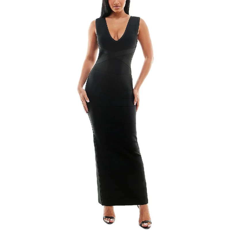 evening dresses with bow accents-Bebe Womens Juniors Bandage V-Neck Evening Dress