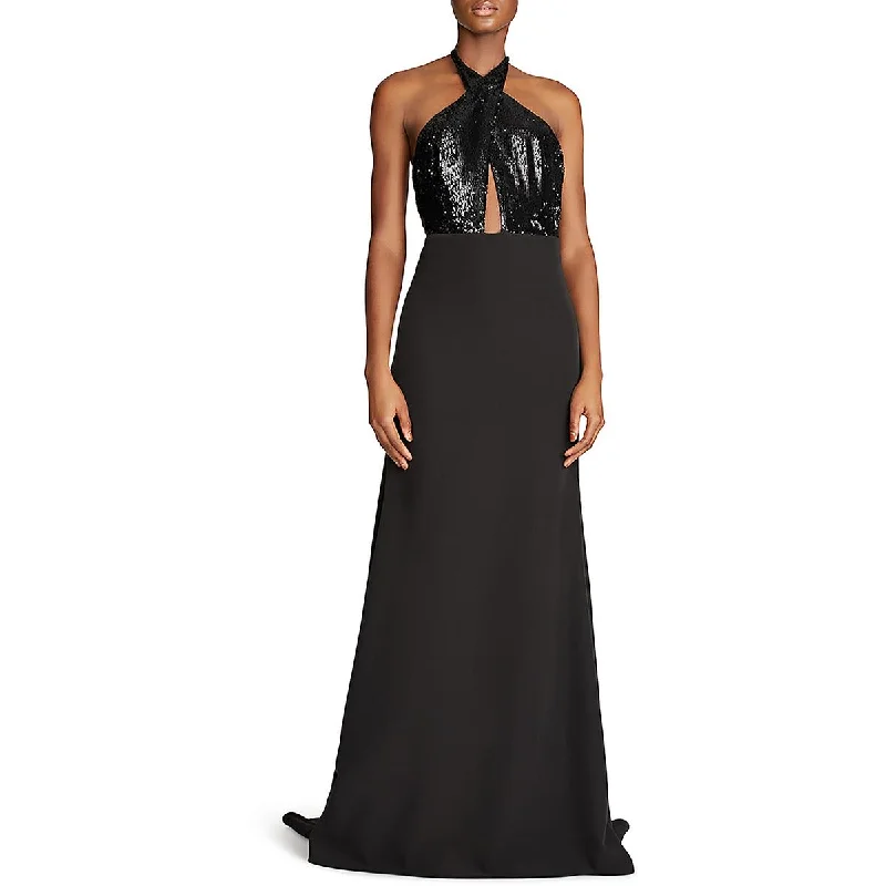 evening gowns with side ruffles-Halston Womens Halter Maxi Evening Dress