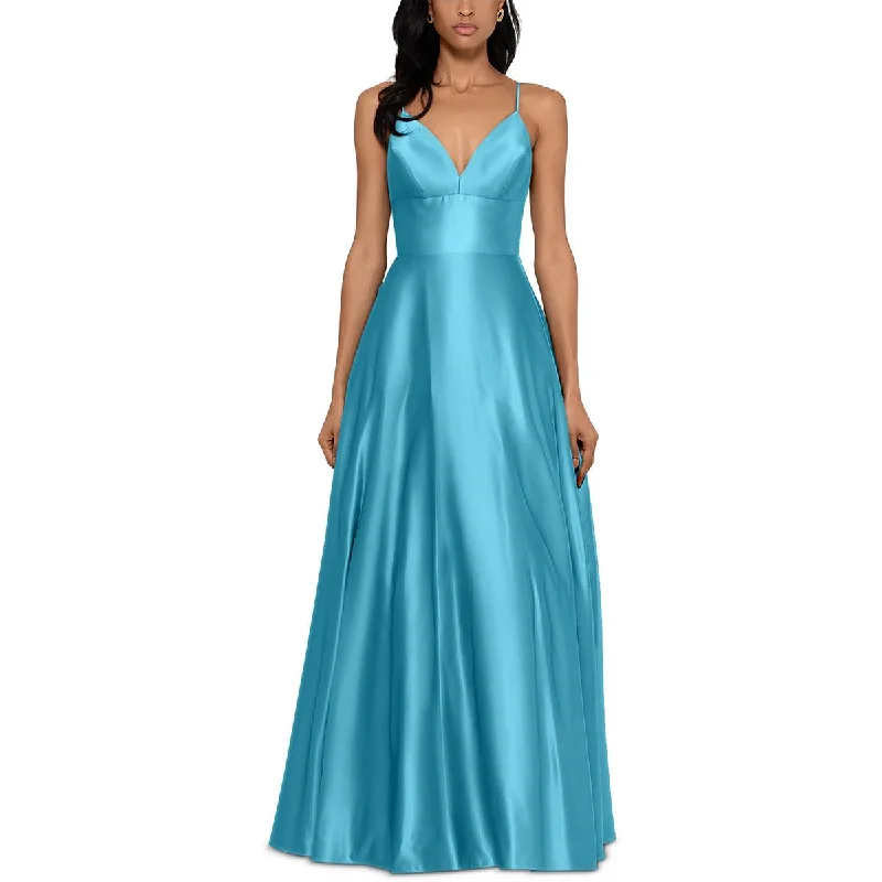 layered chiffon evening dresses-B&A by Betsy and Adam Womens Satin Plunge-Neck Evening Dress layered chiffon evening dresses-B&A by Betsy and Adam Womens Satin Plunge-Neck Evening Dress