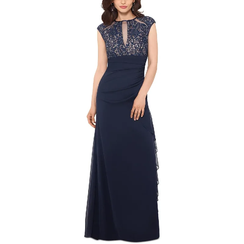 evening gowns with floral appliques-Betsy & Adam Womens Ruffled Maxi Evening Dress