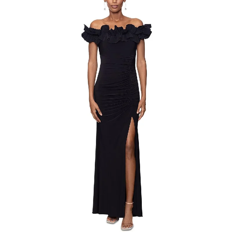 evening gowns with side sequins-Xscape Womens Knit Off-The-Shoulder Evening Dress