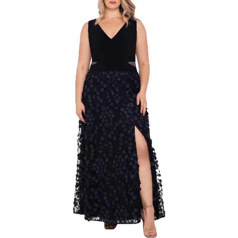 evening dress jewelry pairings-Xscape Womens Plus Floral V-Neck Evening Dress