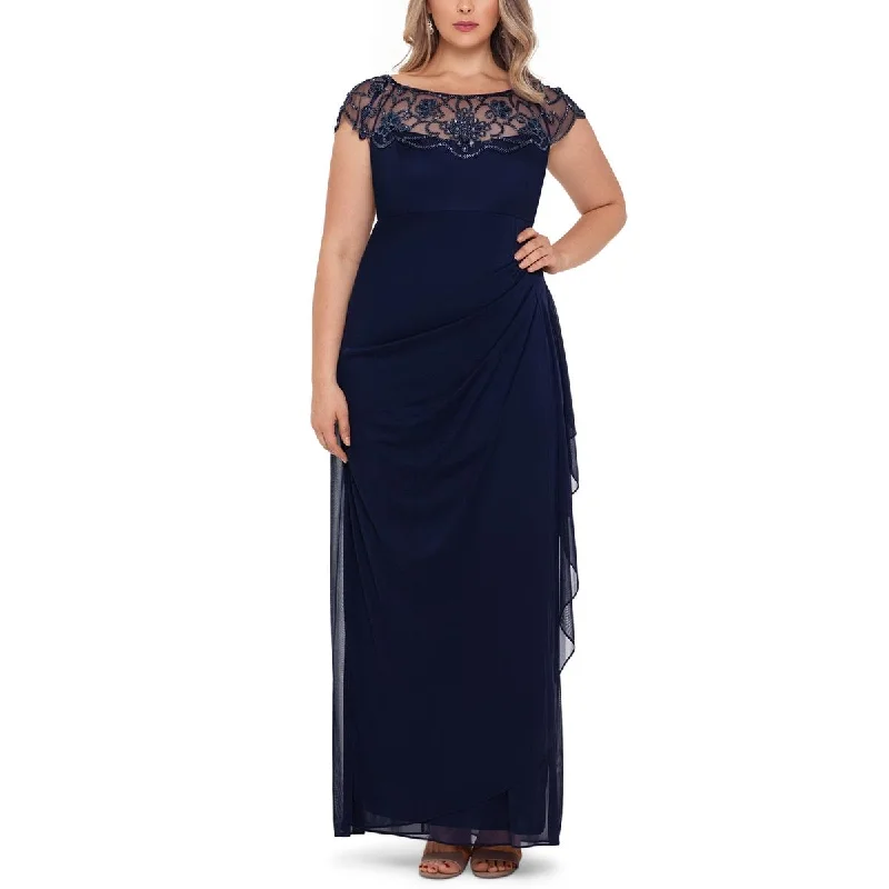 metallic lace evening dresses-Xscape Womens Plus Embellished Ruched Evening Dress