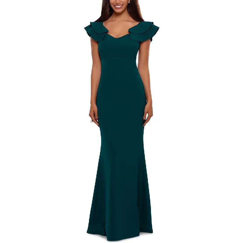 evening gowns with train length options-Betsy & Adam Womens Crepe Ruffled Evening Dress evening gowns with train length options-Betsy & Adam Womens Crepe Ruffled Evening Dress