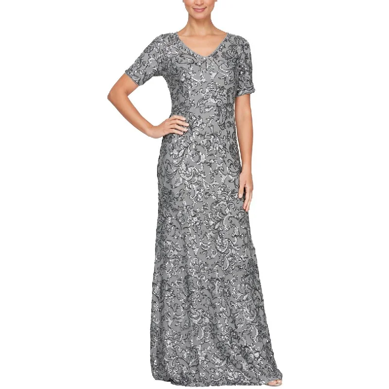 evening gowns with side pleating-Alex Evenings Womens Sequined Long Evening Dress