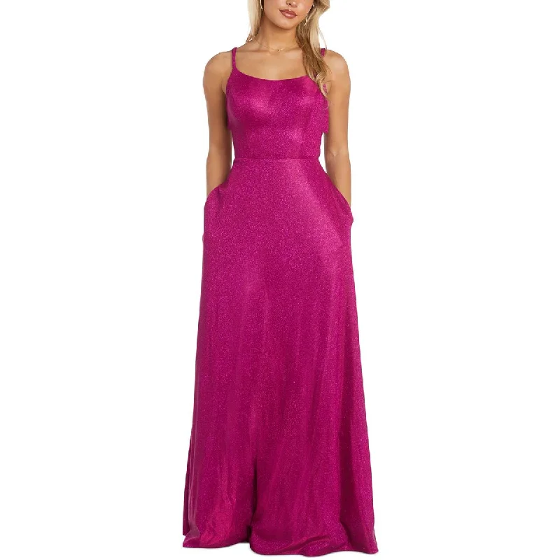 evening dress return policy details-Morgan & Co. Womens Juniors Shimmer Criss-Cross Back Evening Dress