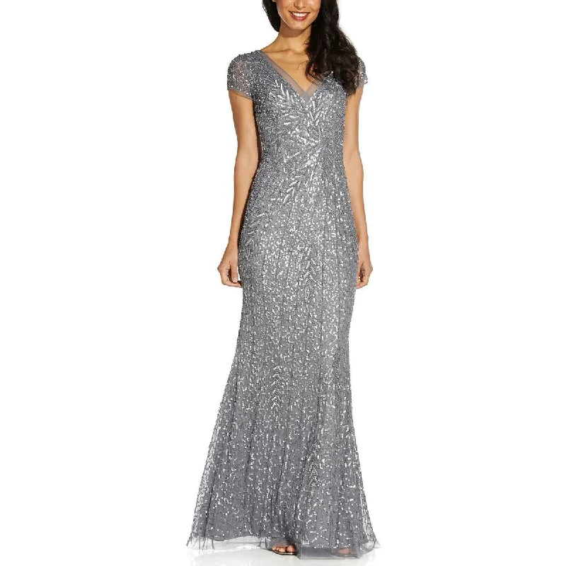 evening gowns with side sashes-Adrianna Papell Womens Beaded Mermaid Evening Dress