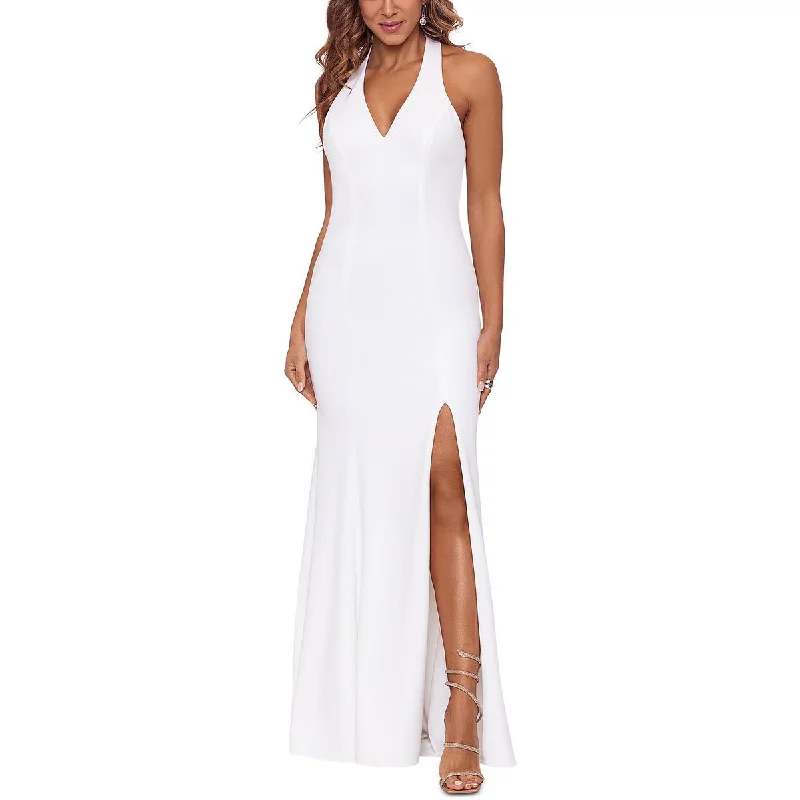 evening dress for tech summits-Xscape Womens Knit Halter Evening Dress