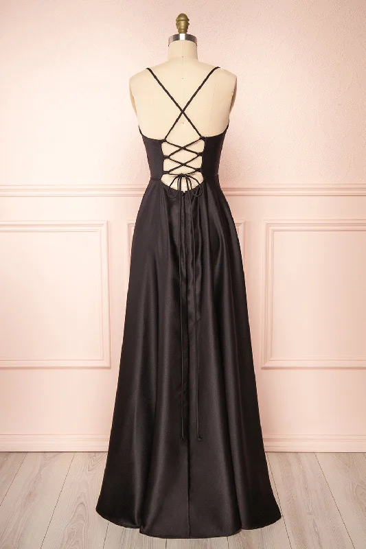 light pink bridesmaid dresses for soft look-Julia Black | Satin Maxi Dress w/ High Slit light pink bridesmaid dresses for soft look-Julia Black | Satin Maxi Dress w/ High Slit
