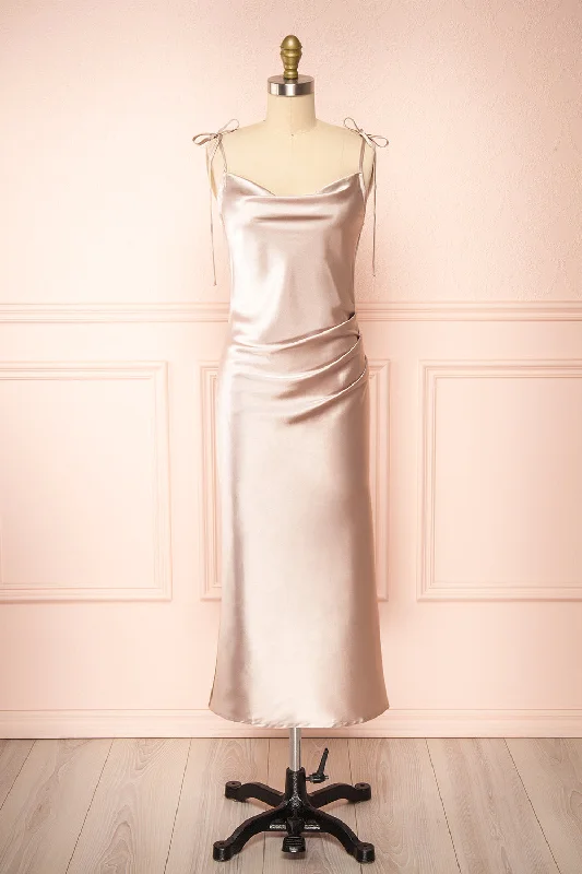 Bridesmaid dress with statement sleeves styles -Elyse Champagne | Cowl Neck Midi Dress Bridesmaid dress with statement sleeves styles -Elyse Champagne | Cowl Neck Midi Dress