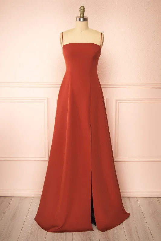 Dress for bridesmaid convivial atmosphere theme -Estella Rust | Maxi A-line Dress w/ Slit Dress for bridesmaid convivial atmosphere theme -Estella Rust | Maxi A-line Dress w/ Slit