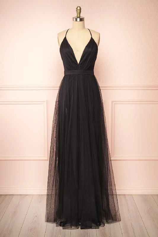 Bridesmaid dress with elegant scarf styling -Ilaria Black | Tulle Gown with Plunging Neckline Bridesmaid dress with elegant scarf styling -Ilaria Black | Tulle Gown with Plunging Neckline
