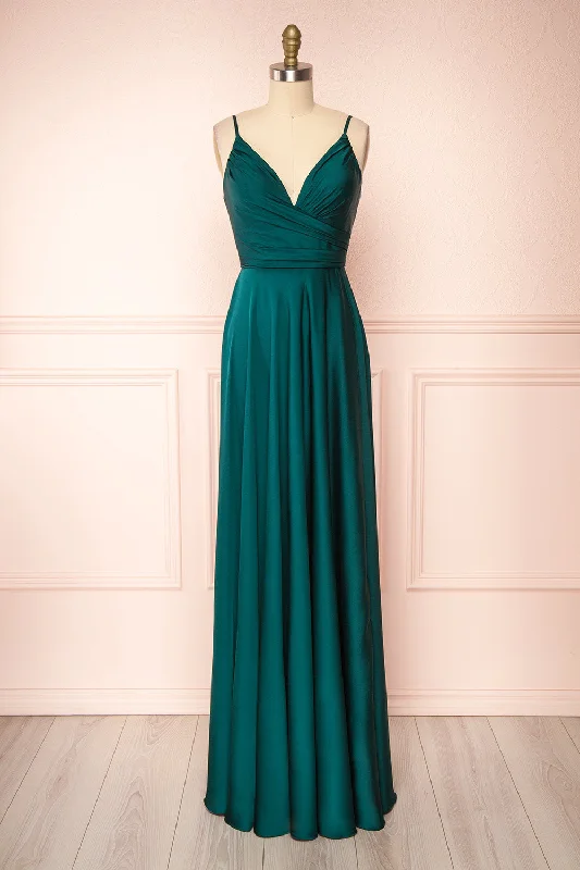 Dress for bridesmaid petite women style -Lizza Green | Satin Maxi Dress w/ Slit