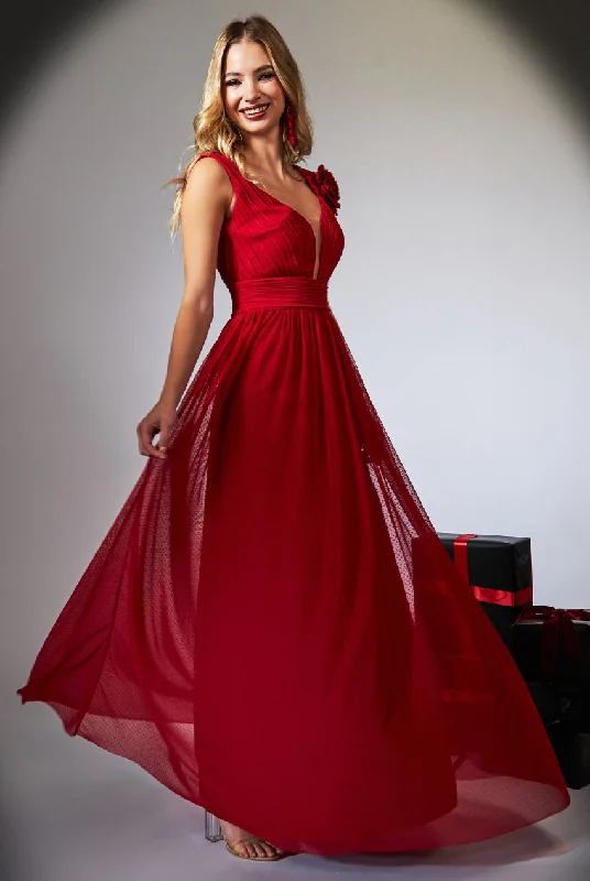 cheap bridesmaid dresses under $100-Goddiva Sleeveless Pleated Dobby Mesh Corsage Maxi Dress - Red cheap bridesmaid dresses under $100-Goddiva Sleeveless Pleated Dobby Mesh Corsage Maxi Dress - Red