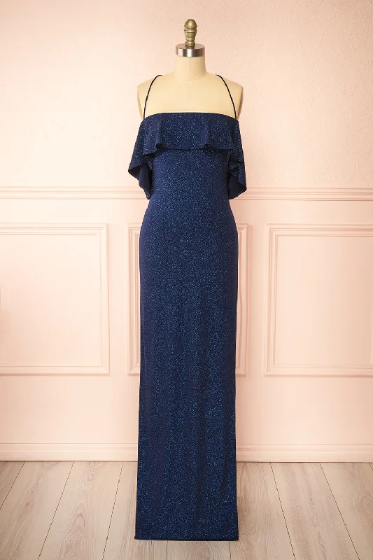Bridesmaid dress positive reviews style -Emily Navy | Glittery Mermaid Maxi Dress