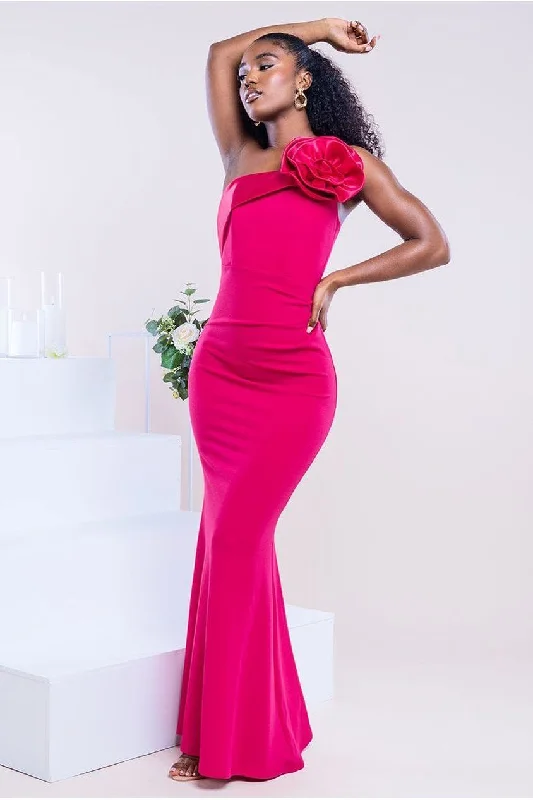 Dress for bridesmaid stylish appearance today -Goddiva Satin Corsage Scuba Crepe Maxi Dress - Magenta Dress for bridesmaid stylish appearance today -Goddiva Satin Corsage Scuba Crepe Maxi Dress - Magenta