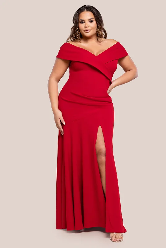 bridesmaid dresses with feather accents-Goddiva Plus Scuba Crepe Off Shoulder Front Split Maxi Dress - Red bridesmaid dresses with feather accents-Goddiva Plus Scuba Crepe Off Shoulder Front Split Maxi Dress - Red
