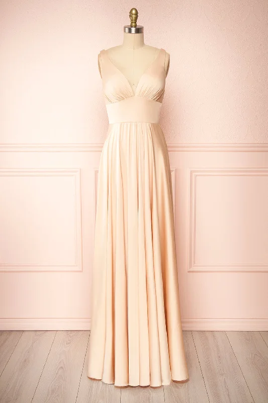 Dress for bridesmaid fashionable styles looks -Johanie Champagne | Satin Maxi Dress