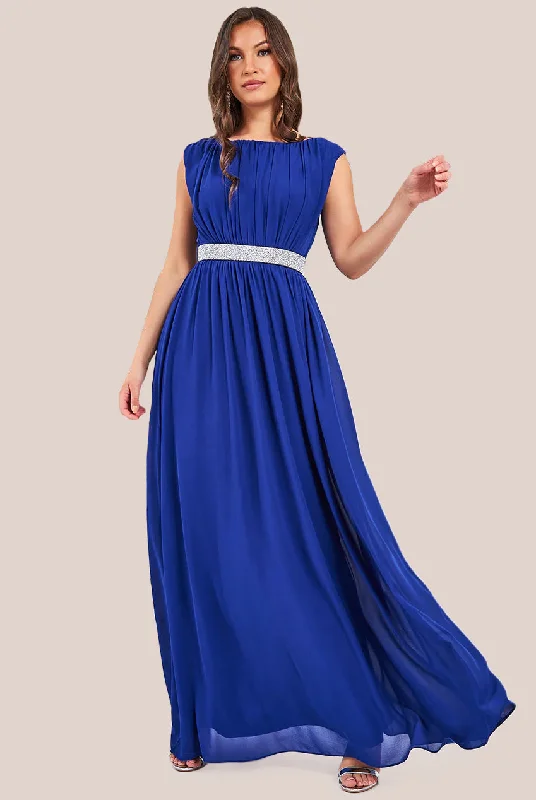 Dress for bridesmaid modern styles now -Chiffon Maxi With Embellished Belt - Royal Blue by Goddiva Dress for bridesmaid modern styles now -Chiffon Maxi With Embellished Belt - Royal Blue by Goddiva