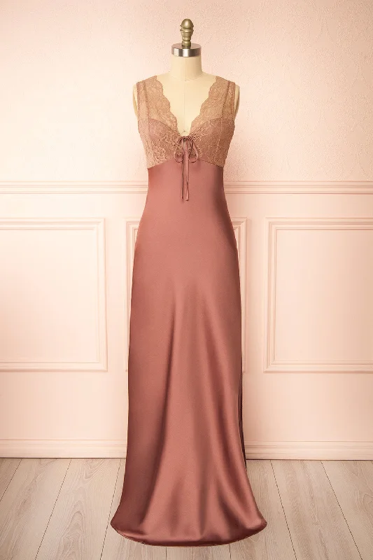 Dress for bridesmaid fall season colors -Evara Mauve | Maxi Satin Slip Dress w/ Lace Dress for bridesmaid fall season colors -Evara Mauve | Maxi Satin Slip Dress w/ Lace