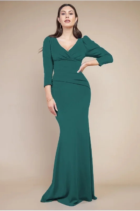 Dress for bridesmaid holiday celebrations themes -Goddiva Front Wrap Pleated Scuba Maxi Dress - Emerald Green Dress for bridesmaid holiday celebrations themes -Goddiva Front Wrap Pleated Scuba Maxi Dress - Emerald Green