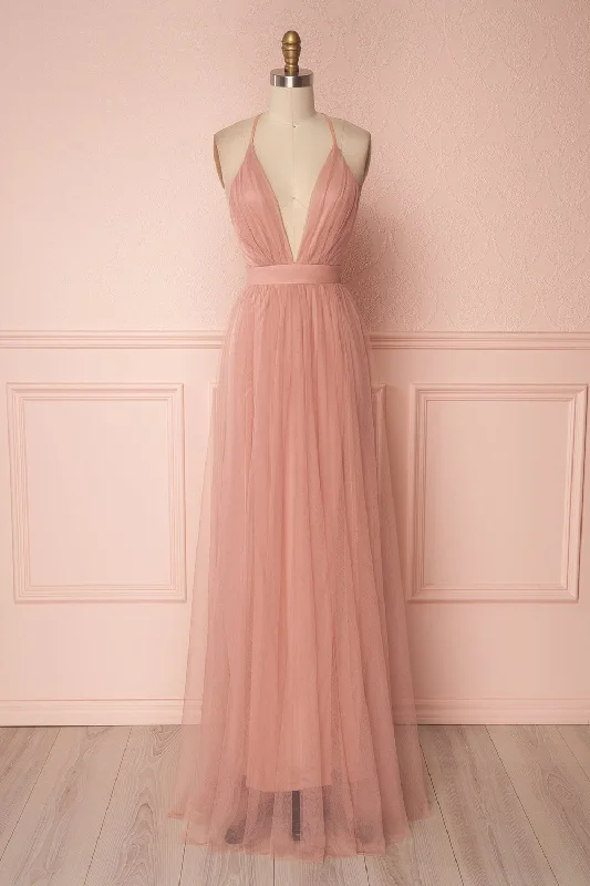 Dress for bridesmaid celebratory events themes -Aliki Blush | Plunging Neckline Mesh Maxi Dress Dress for bridesmaid celebratory events themes -Aliki Blush | Plunging Neckline Mesh Maxi Dress