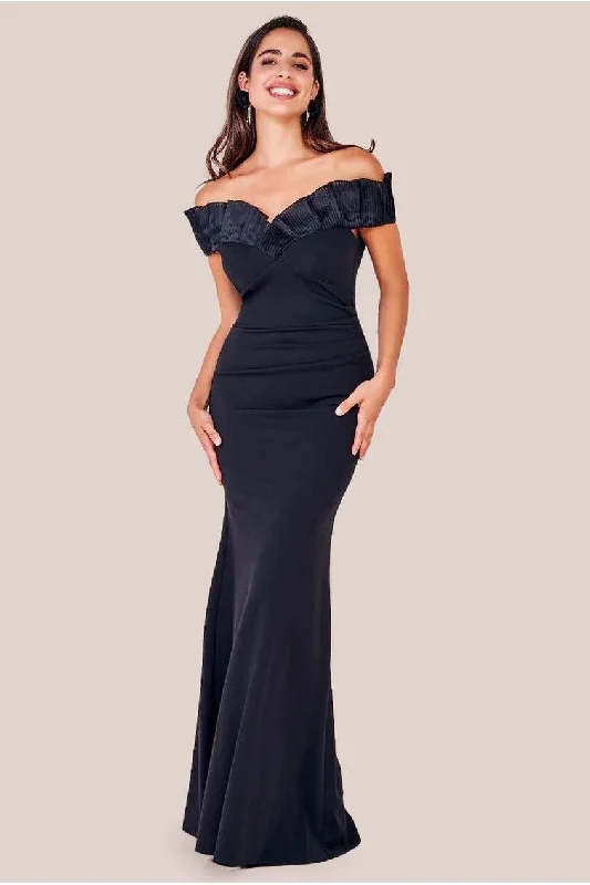 Bridesmaid dress machine washable fabric -Fan Pleated Bardot Scuba Crepe Maxi - Black by Goddiva Bridesmaid dress machine washable fabric -Fan Pleated Bardot Scuba Crepe Maxi - Black by Goddiva