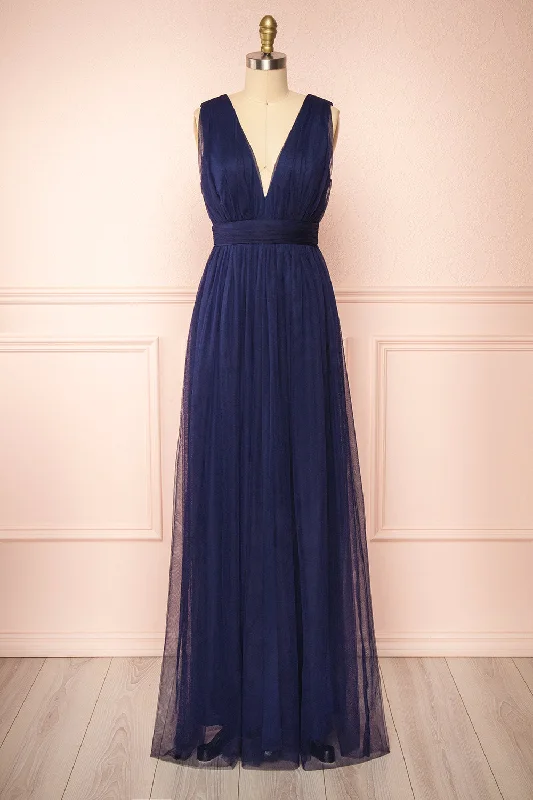 博客园Samina Navy | Tulle Maxi Dress w/ Plunging Neckline