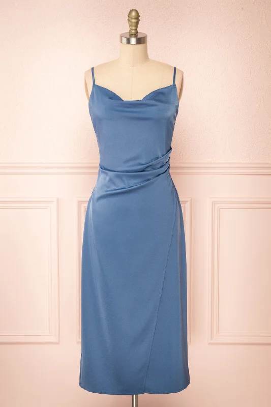 Bridesmaid dress that is impressive online -Chloe Blue | Cowl Neck Satin Midi Slip Dress Bridesmaid dress that is impressive online -Chloe Blue | Cowl Neck Satin Midi Slip Dress