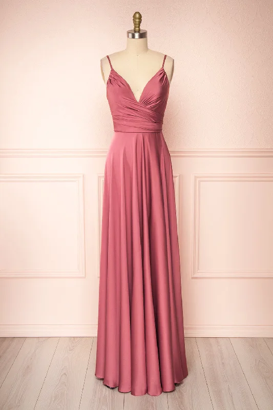romantic bridesmaid dresses with floral details-Lizza Pink | Maxi Satin Dress w/ Slit romantic bridesmaid dresses with floral details-Lizza Pink | Maxi Satin Dress w/ Slit