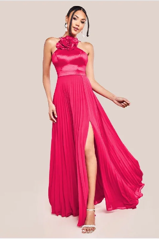 Dress for bridesmaid gorgeous style online -Pleated Chiffon Corsage Halter Strappy Maxi Dress - Magenta by Goddiva Dress for bridesmaid gorgeous style online -Pleated Chiffon Corsage Halter Strappy Maxi Dress - Magenta by Goddiva