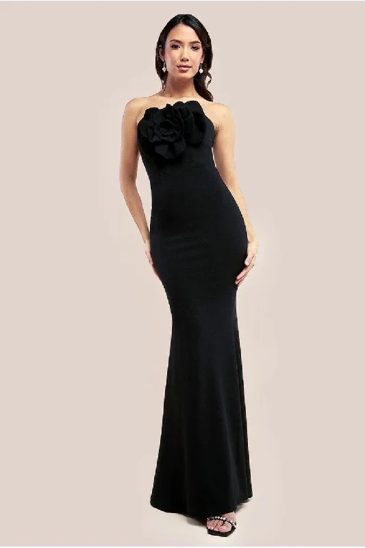 Bridesmaid dress jewel tones rich styles -Goddiva Scuba Crepe Bandeau Rose Maxi Dress - Black Bridesmaid dress jewel tones rich styles -Goddiva Scuba Crepe Bandeau Rose Maxi Dress - Black