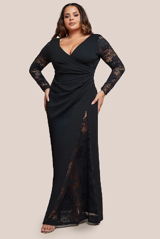 Bridesmaid dress: where can I buy online -Goddiva Plus Scuba & Lace Wrap Maxi Dress - Black