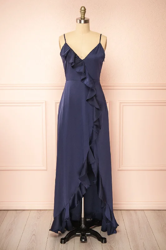 Bridesmaid dress with a cowl neckline styles -Yoani | Navy Maxi Dress w/ Ruffles