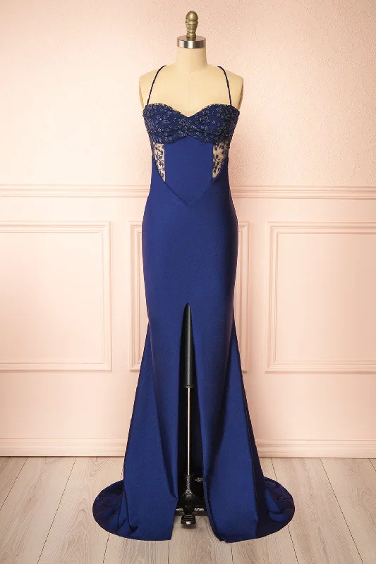 Bridesmaid dress inverted triangle fit -Elaria Navy | Embroidered Fitted Dress