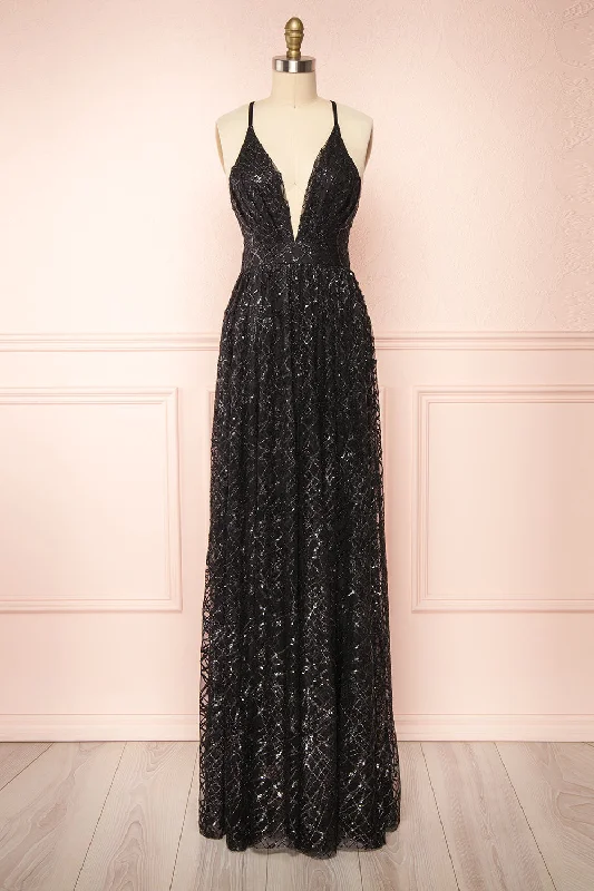 Bridesmaid dress in navy blue color -Tyffen Black | Sequin Maxi Dress