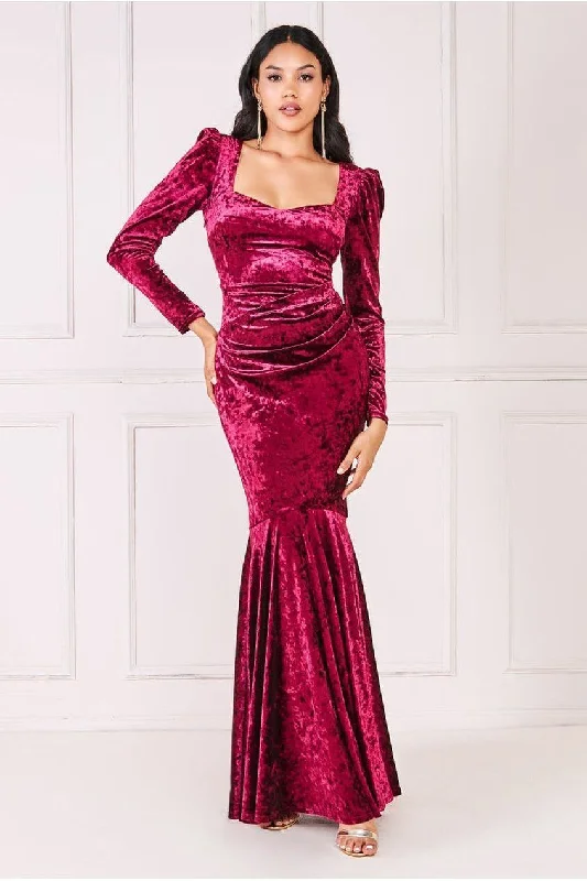 bridesmaid dresses with crystal embellishments-Goddiva Flared Hem Ice Velvet Maxi - Burgundy bridesmaid dresses with crystal embellishments-Goddiva Flared Hem Ice Velvet Maxi - Burgundy